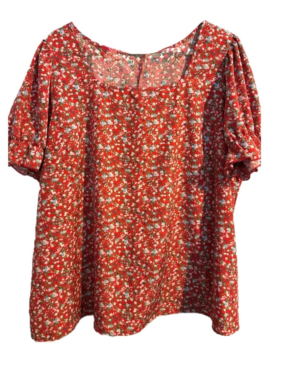 Red Ditsy Floral Square Neck Puff Sleeve Blouse Boho Plus Size 3X/US 20